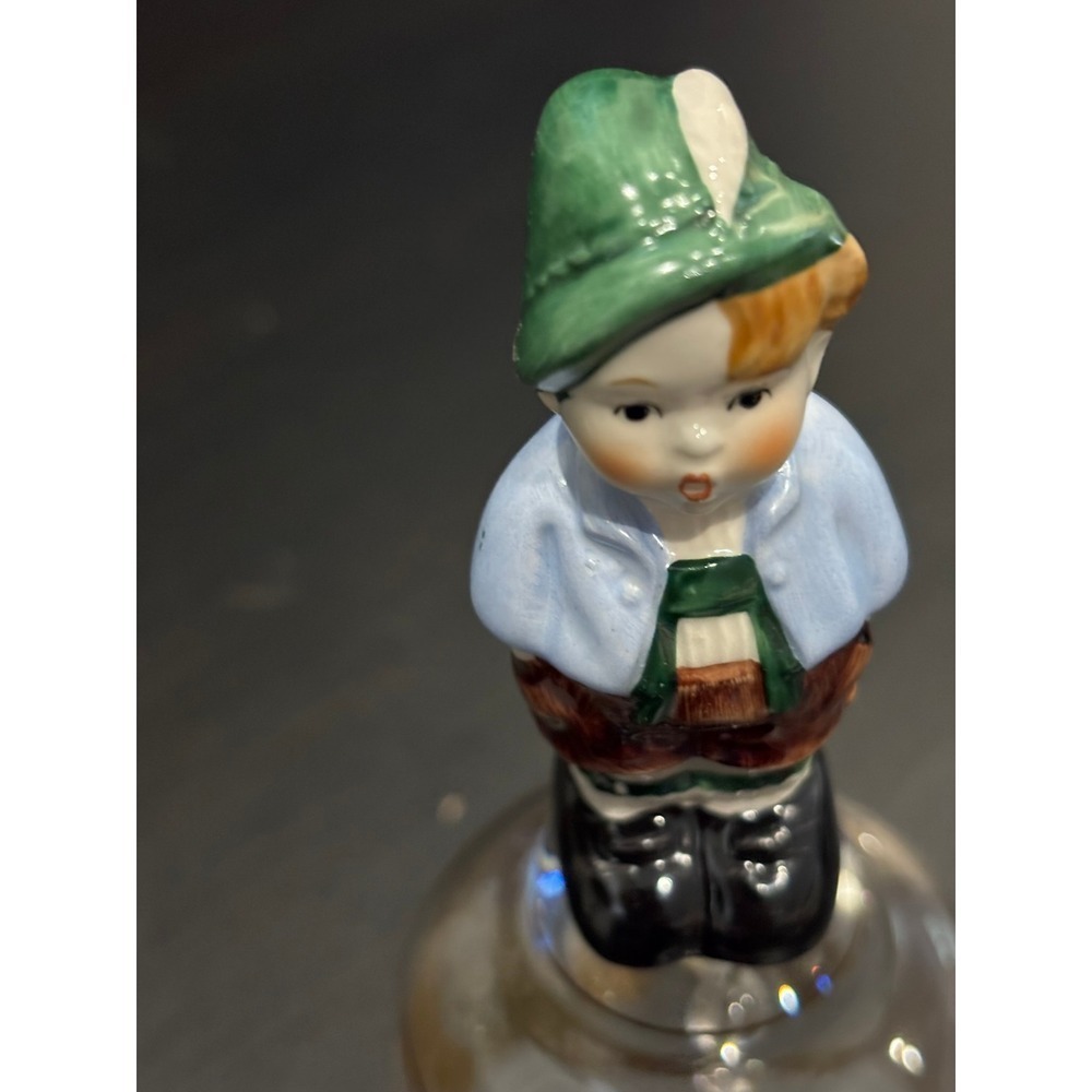 Vintage Western Germany Glass Dinner Bell Alpine Boy Figurine Gold Leaf Etched - Picture 2 of 5